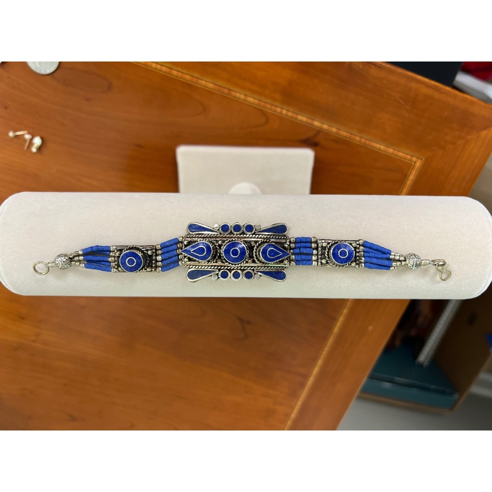 Moroccan Berber Blue Lapis Lazuli Inlay Silver Tone Multi Strand Bracelet 7.5in